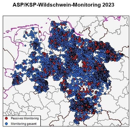 Die Karte zeigt, wo in Niedersachsen Proben für das ASP/KSP-Wildschwein-Monitoring genommen wurden.